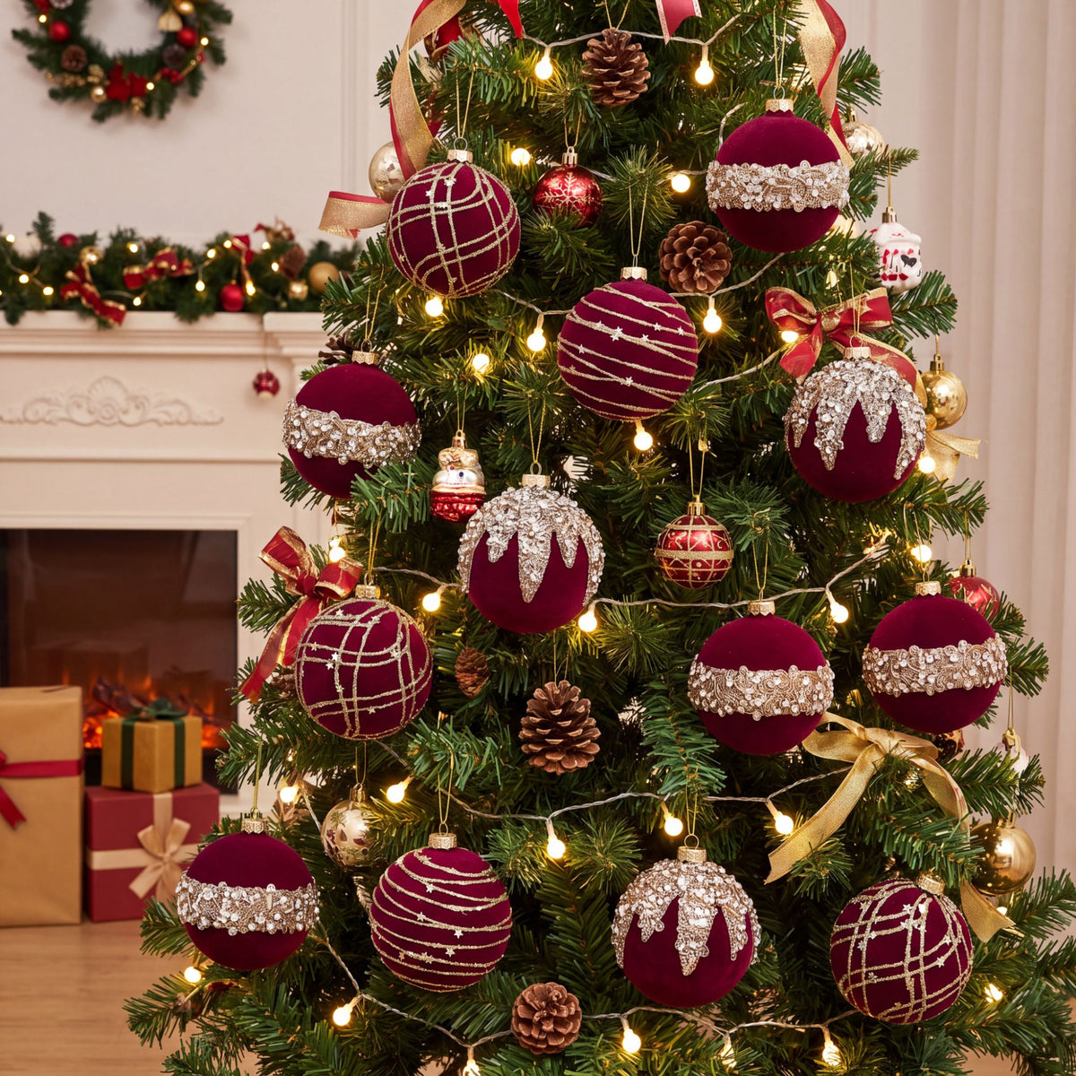 12ct Flocked Christmas Ball Ornament Set with Glitter Beaded Holiday Tree Decorations
