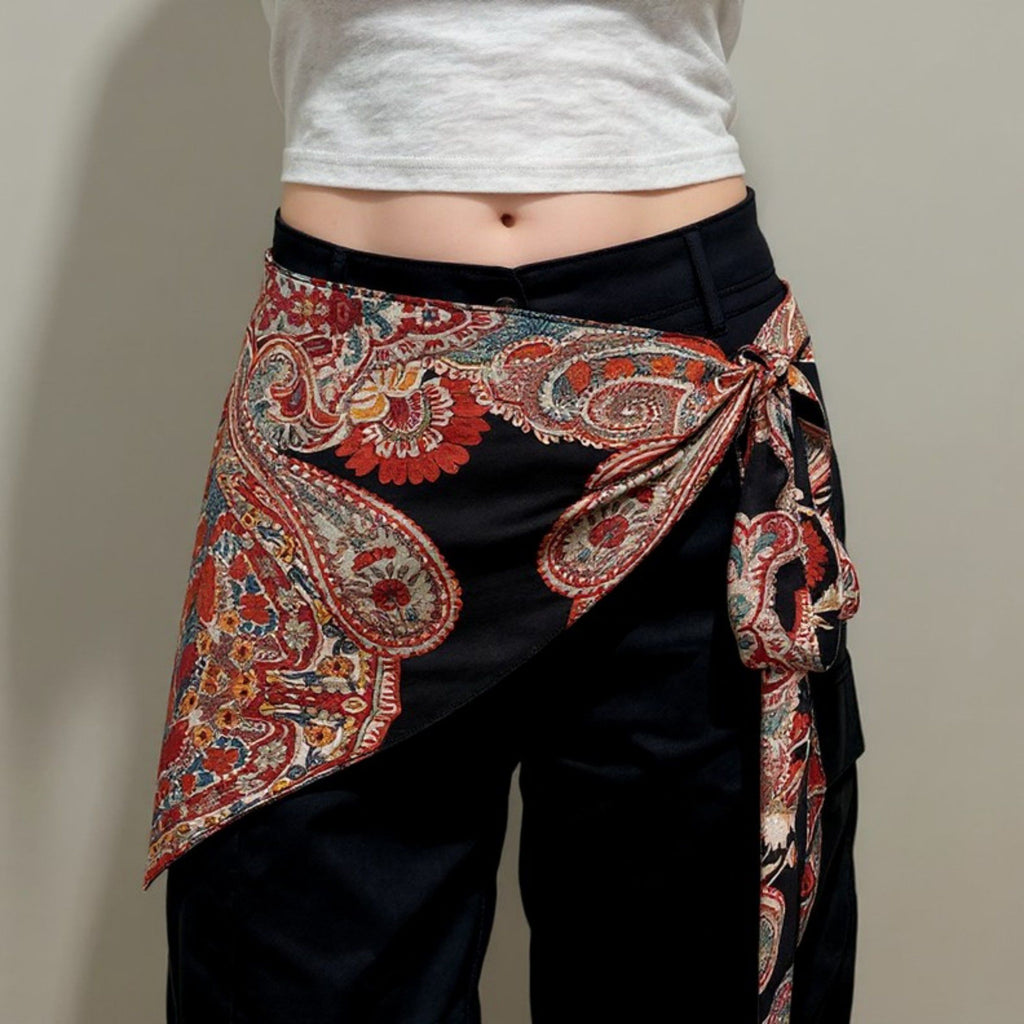 Anna-Kaci Women's Paisley Print Tie Waist Scarf Belt with Asymmetrical Draped Hem and Boho Wrap Design 94.5