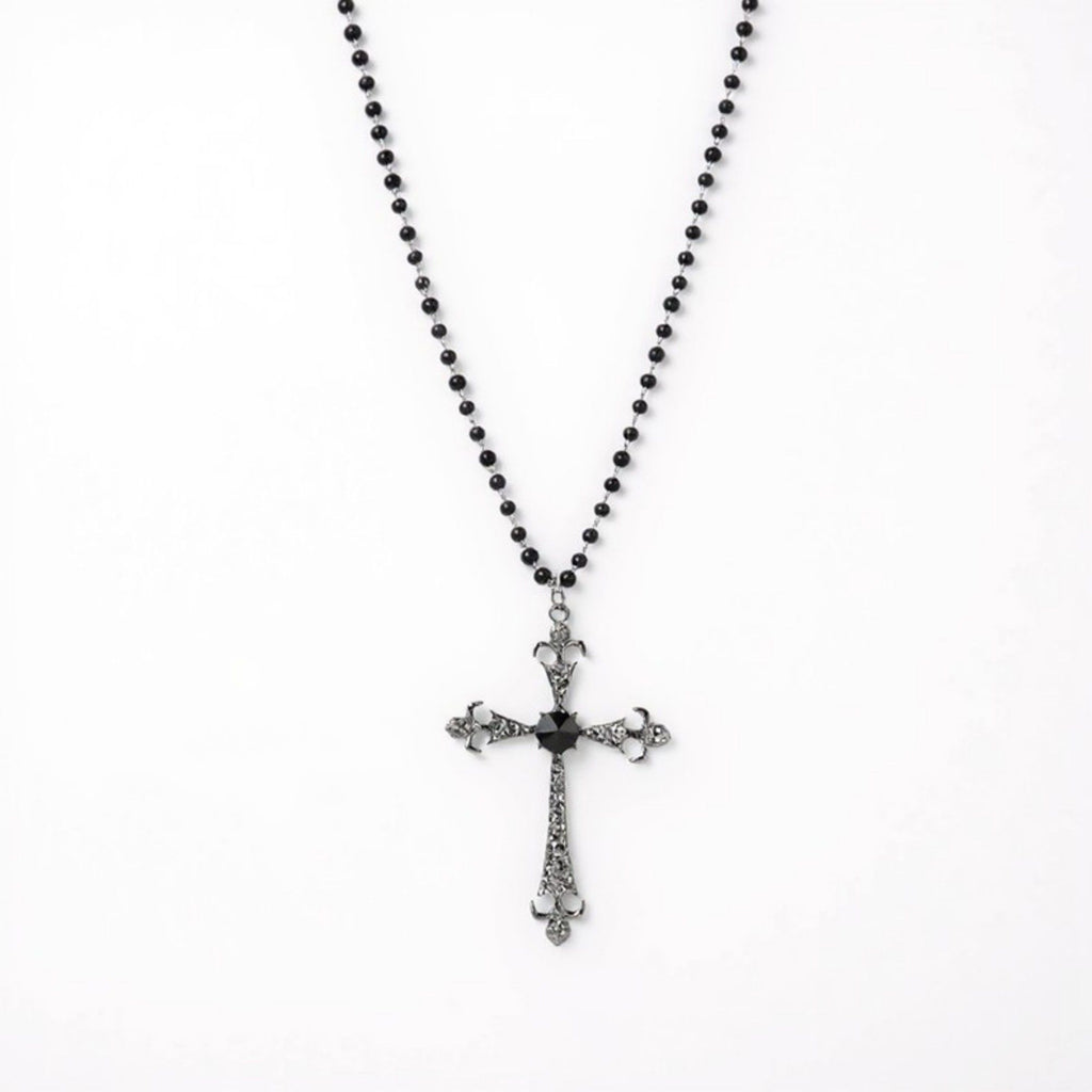 Women's Gothic Cross Pendant Necklace with Crystal Accents and Beaded Chain