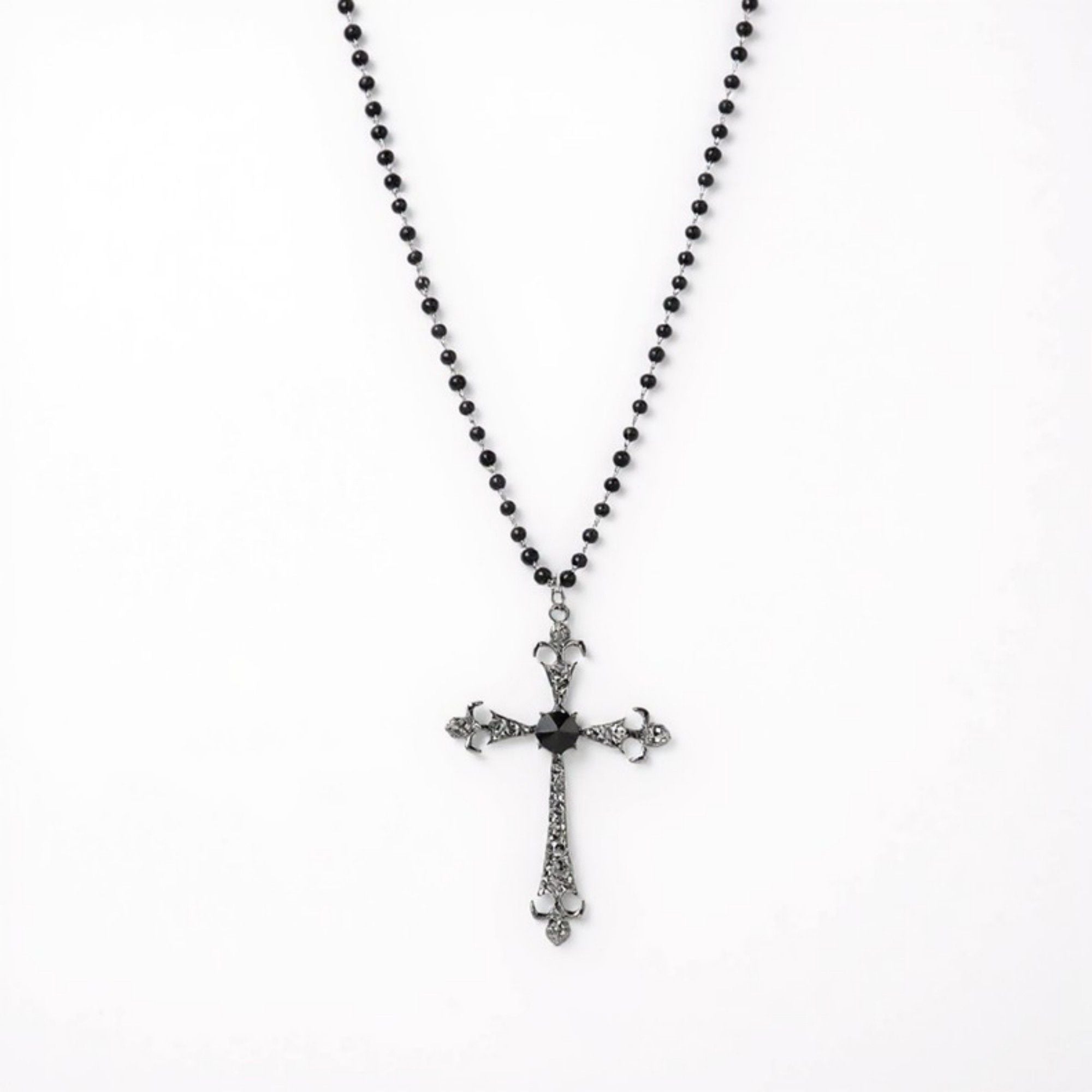 Women's Gothic Cross Pendant Necklace with Crystal Accents and Beaded Chain