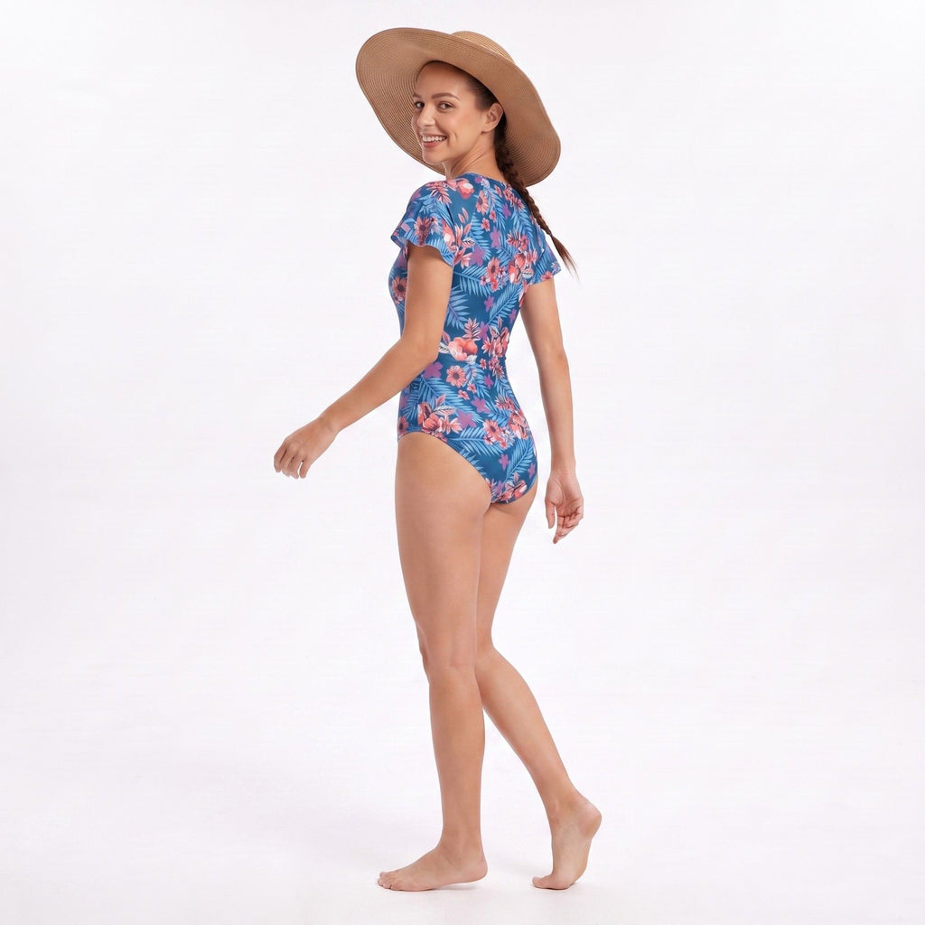 Floral Short Sleeve Zip Front One Piece Rash Guard Swimsuit