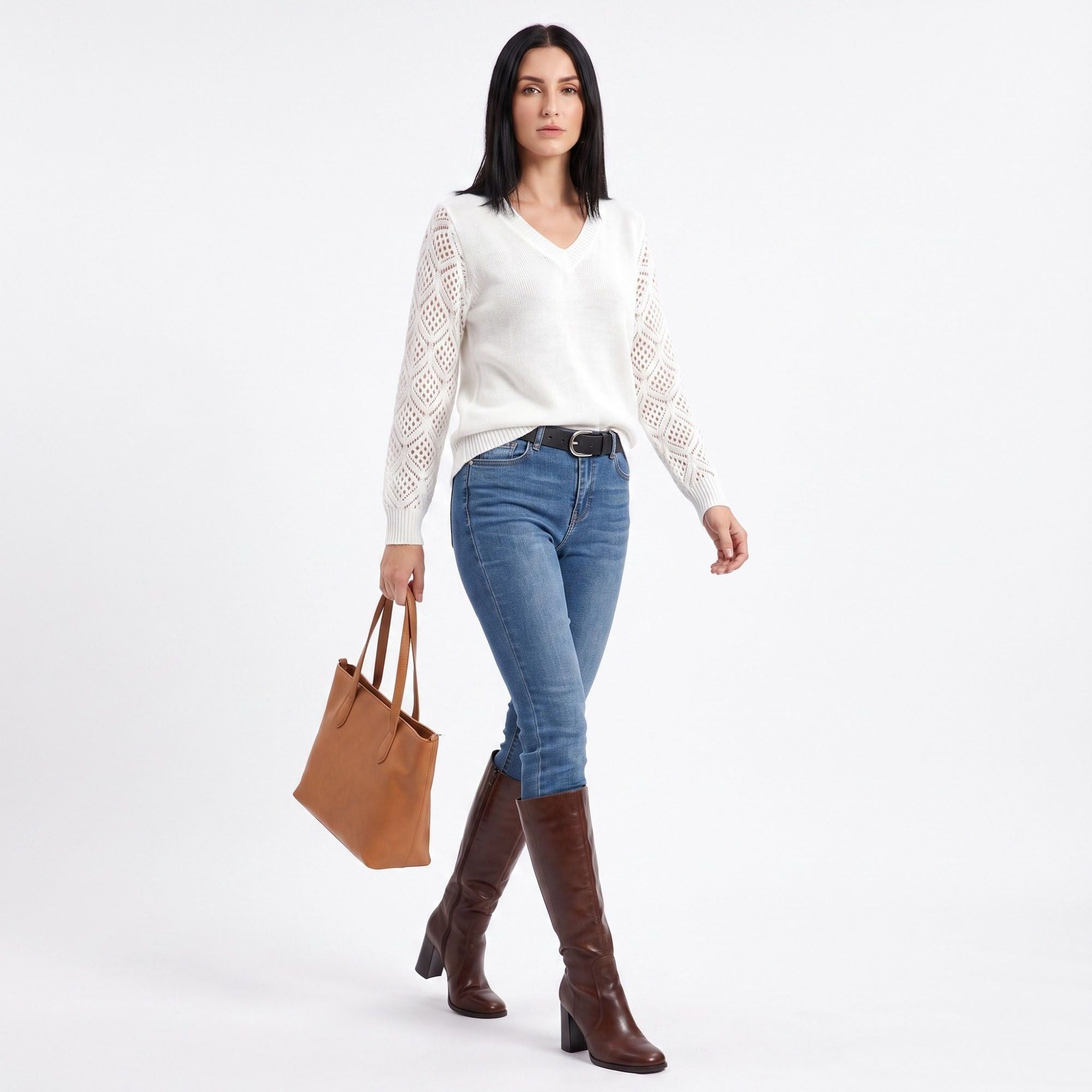 V-Neck Openwork Sleeve Long Sleeve Knit Sweater