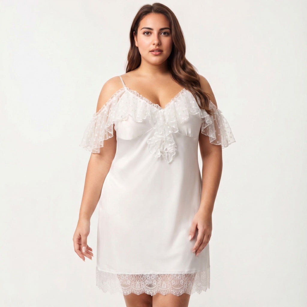 Anna-Kaci Lounge Women's Plus Size Chiffon Chemise Ruffle Sleeve Lace Trim Nightgown Adjustable Strap Sleep Dress