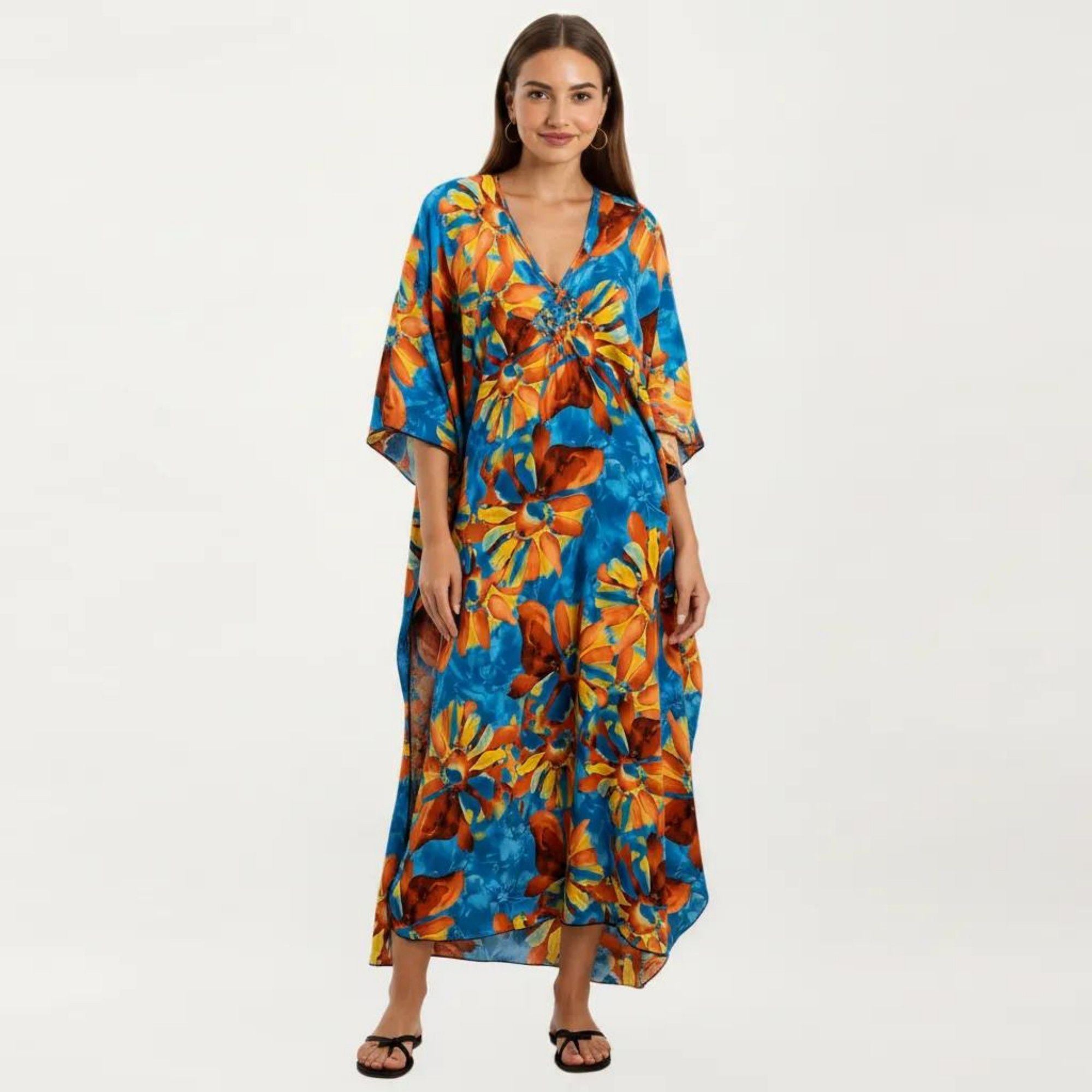 Anna-Kaci Women's Floral Print Kaftan Maxi Dress with V-Neck Button Front and Flowy Batwing Sleeves
