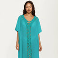 Anna-Kaci Women's Crochet Trim Swim Cover Up Dress Loose Short Sleeve Lightweight Beach Kaftan