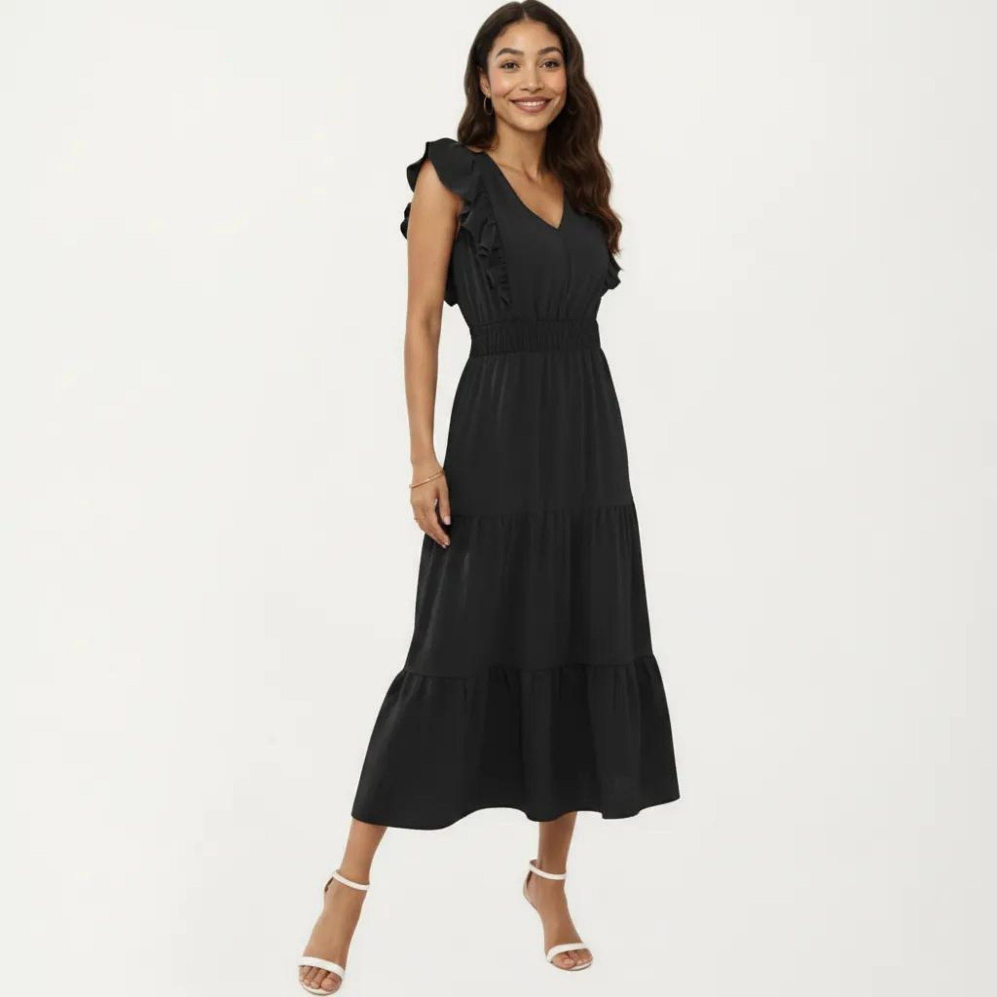 Anna-Kaci Women's Tiered Midi Dress with Ruffle Sleeves and Smocked Waist