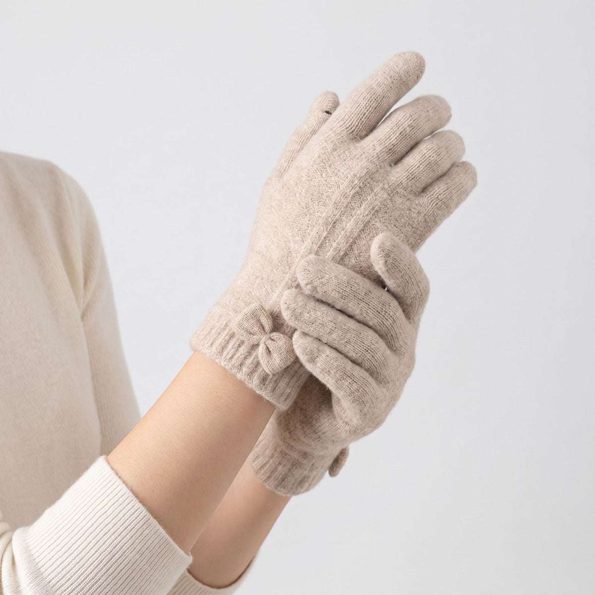 Knit Bow Detail Full Finger Gloves for Cold Weather