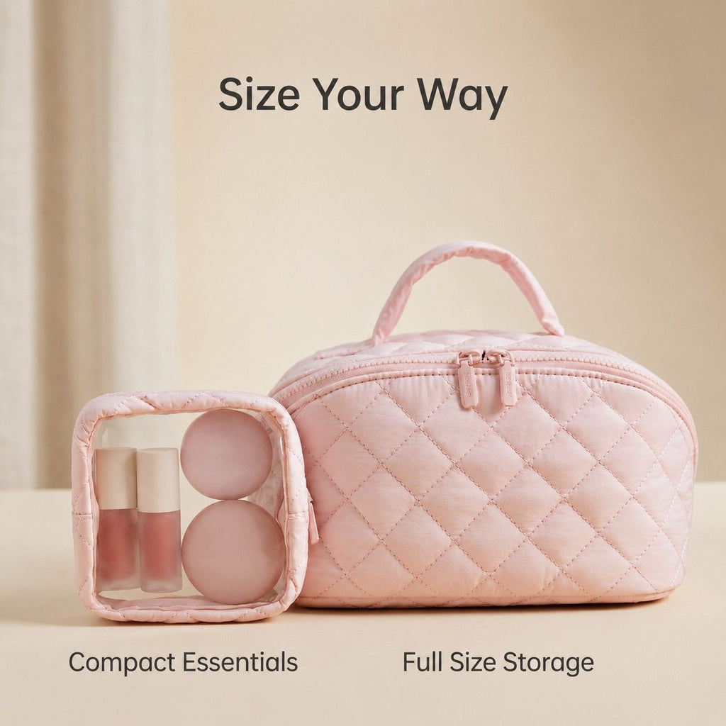 Quilted Makeup Bag Organizer with Handle Large Capacity Cosmetic Storage Case 2 Piece Set