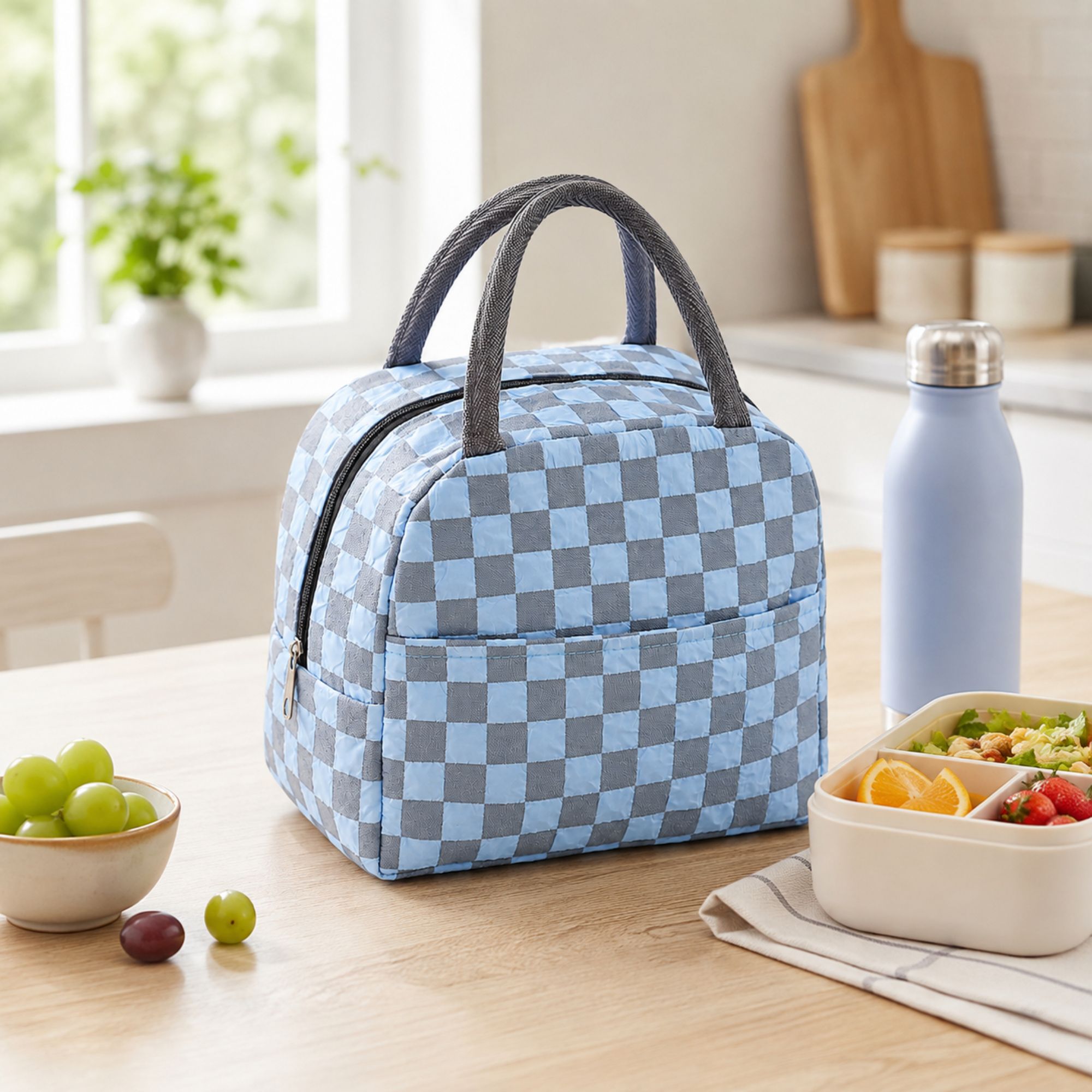 Checkered Insulated Lunch Bag Reusable Zipper Tote with Front Pocket