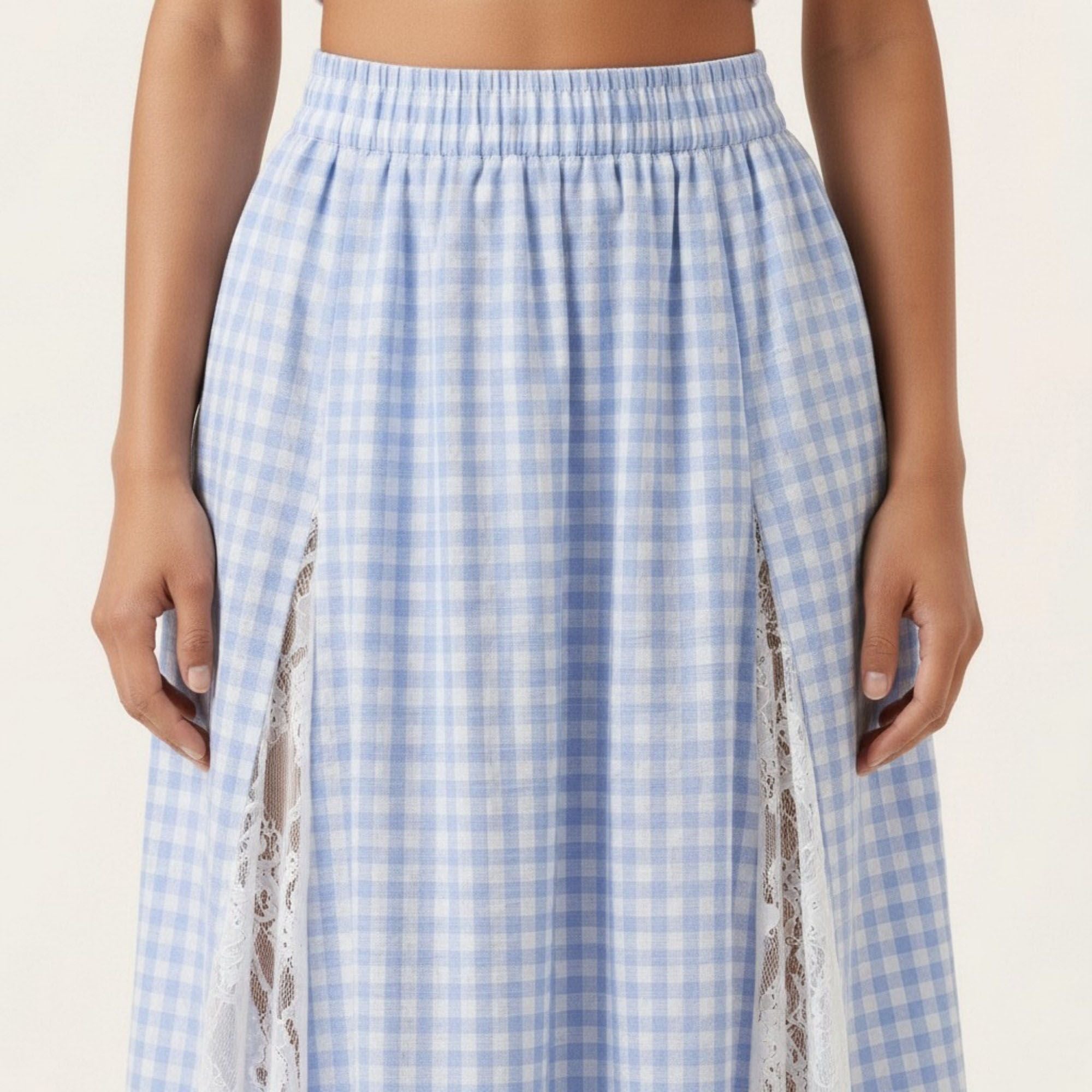 Anna-Kaci Women's Gingham Maxi Skirt Lace Panel High Waist A Line Flowy Lightweight Casual Skirt