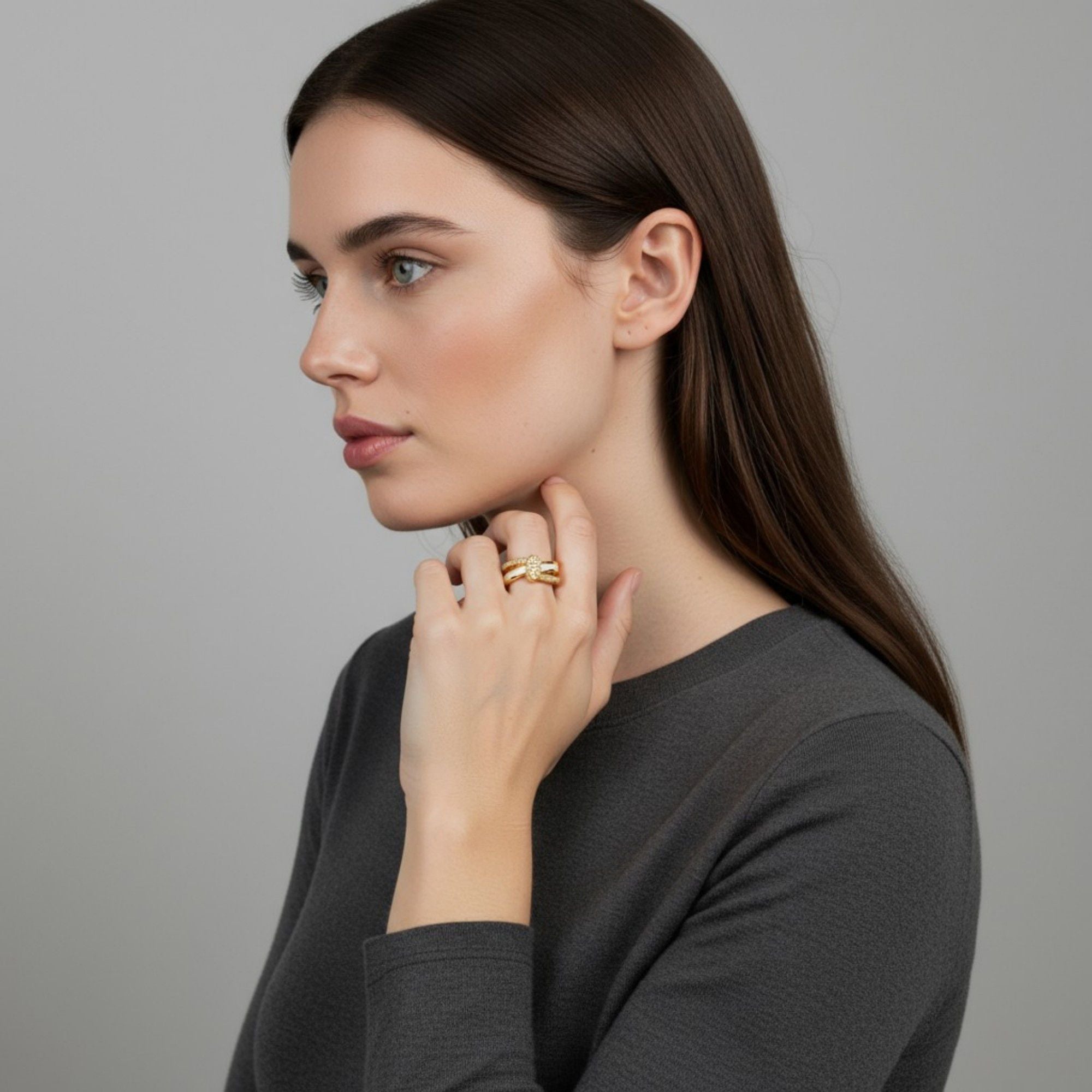 Women's Double Band Ring with Oval Center Pave Detailing and Minimalist Design