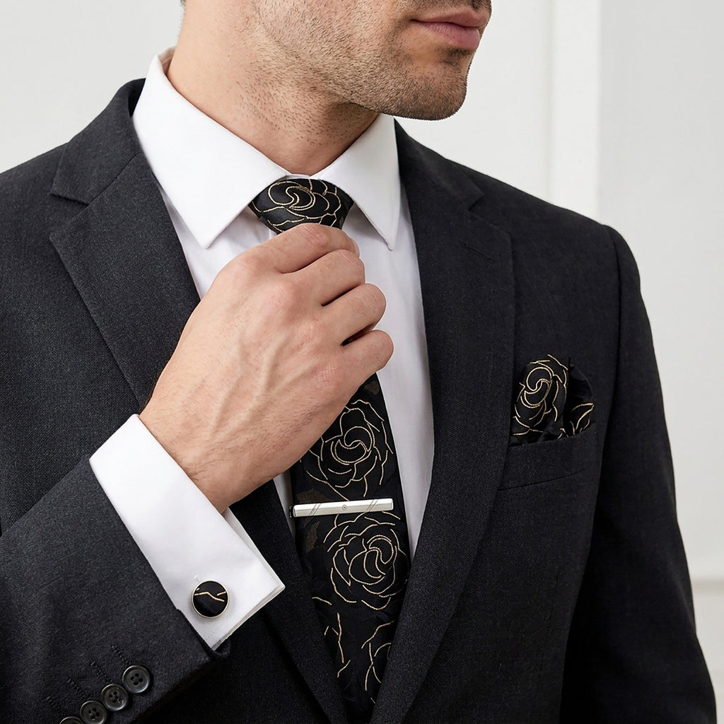 Men's Rose Floral Tie Gift Set with Matching Pocket Square Cufflinks and Silver Tie Clip