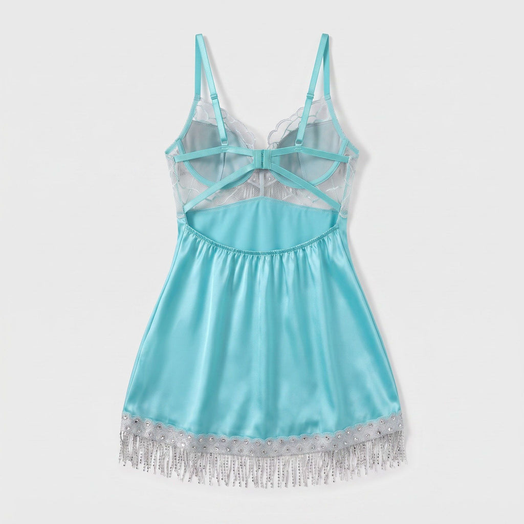 Satin-Look Lace Lingerie Nightgown with Shimmer Fringe