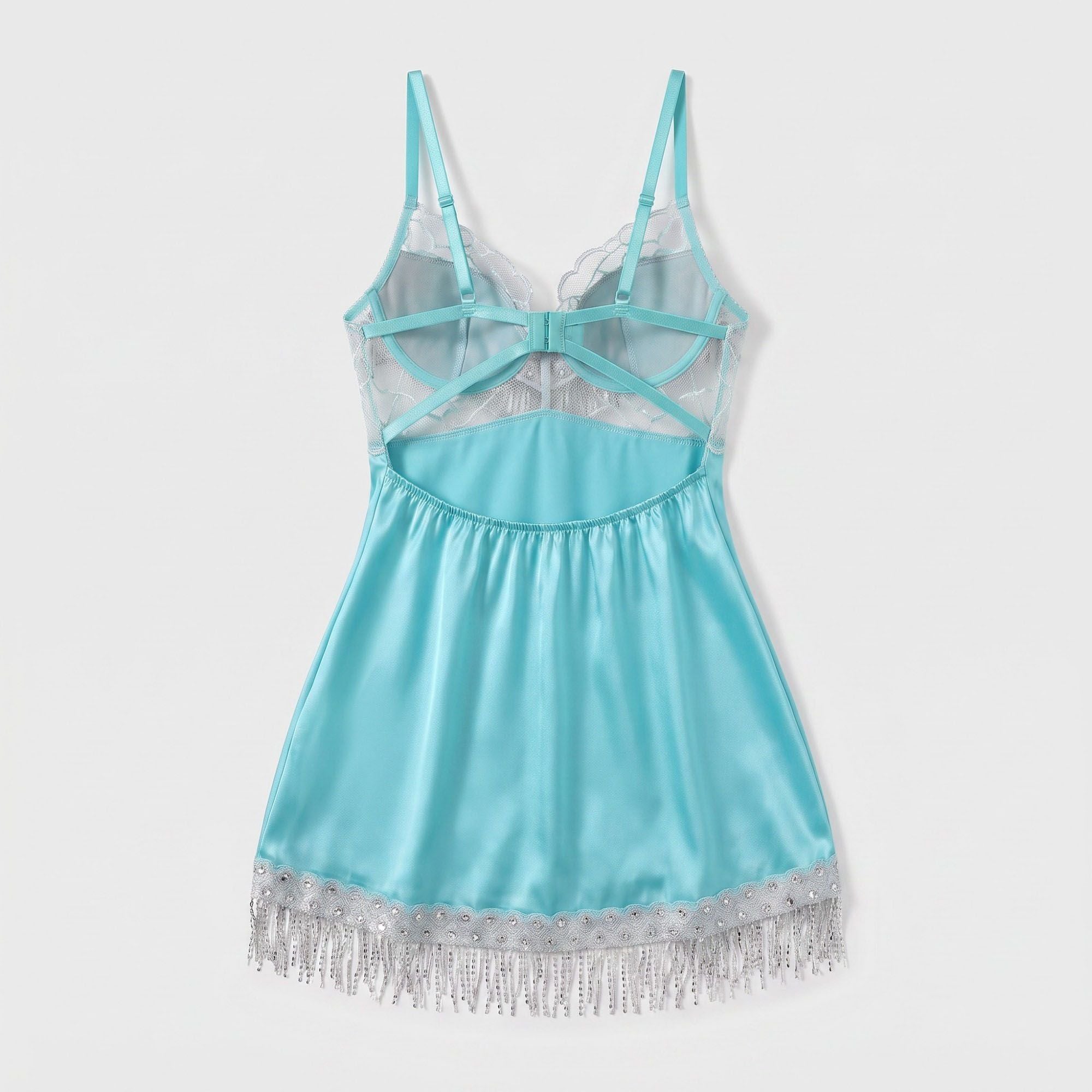 Satin-Look Lace Lingerie Nightgown with Shimmer Fringe