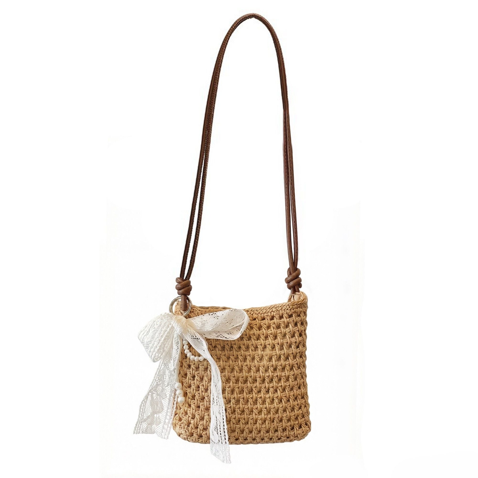 Crochet Crossbody Bag with Lace Bow Detail Lightweight Knit Shoulder Bag Small Casual Handbag