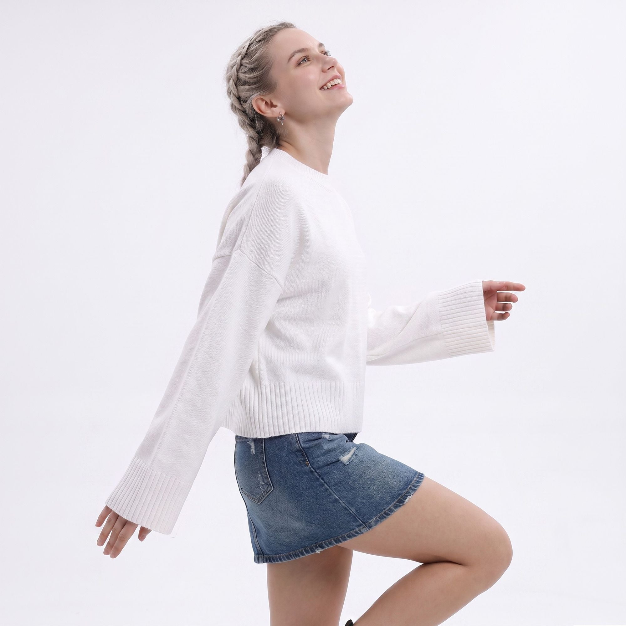 Oversized Crewneck Knit Sweater with Flared Sleeves