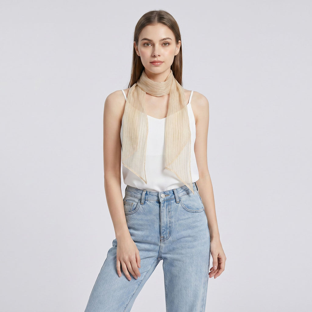 Sheer Pleated Skinny Scarf with Subtle Shine and Long Neck Tie Design