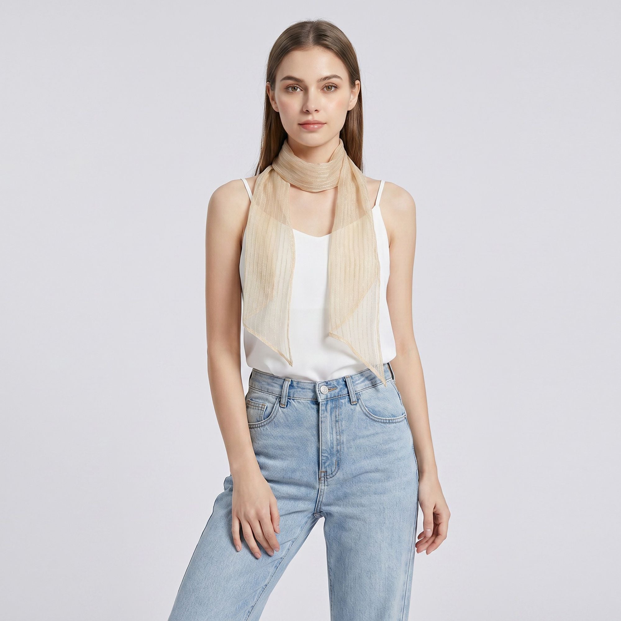 Sheer Pleated Skinny Scarf with Subtle Shine and Long Neck Tie Design