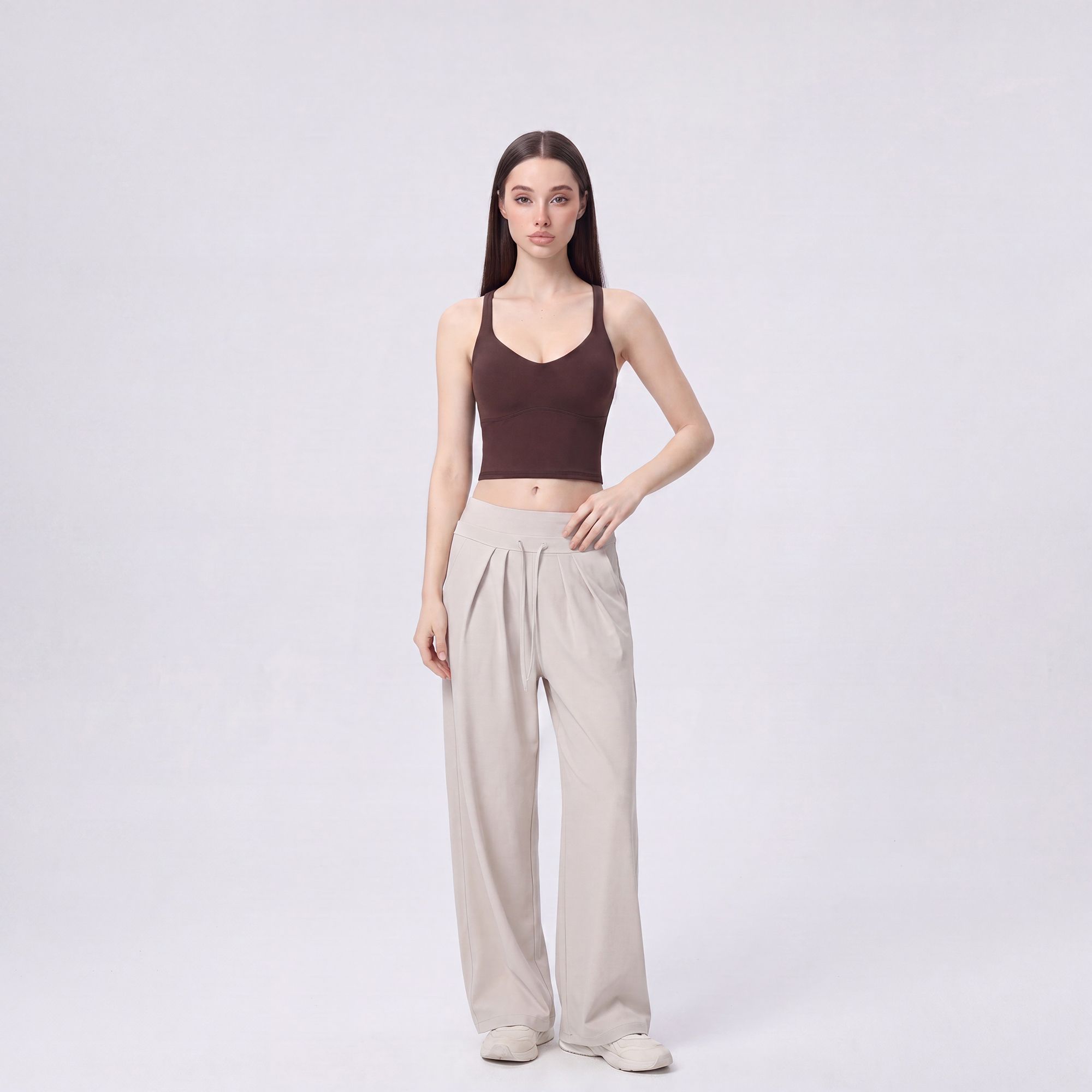 Cropped Yoga Tank Top with Built In Padding Scoop Neck Wide Strap Fitted Activewear Top