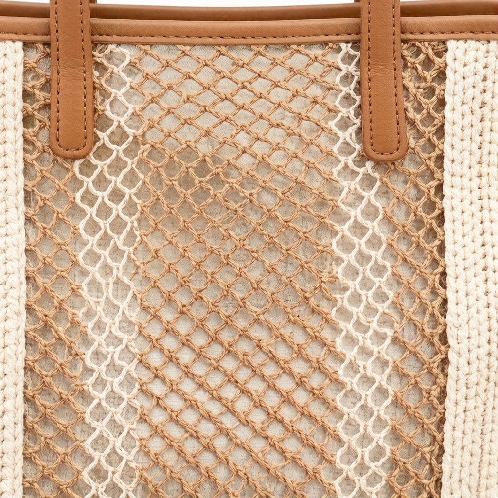 Woven Crochet Tote Bag with Textured Panel Design Leather Shoulder Strap Lightweight Handbag