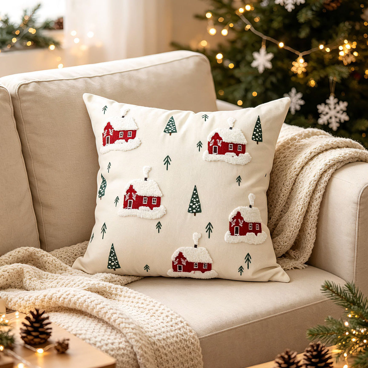 Christmas Embroidered Throw Pillow Cover 18 x 18 Inch Holiday Home Decor
