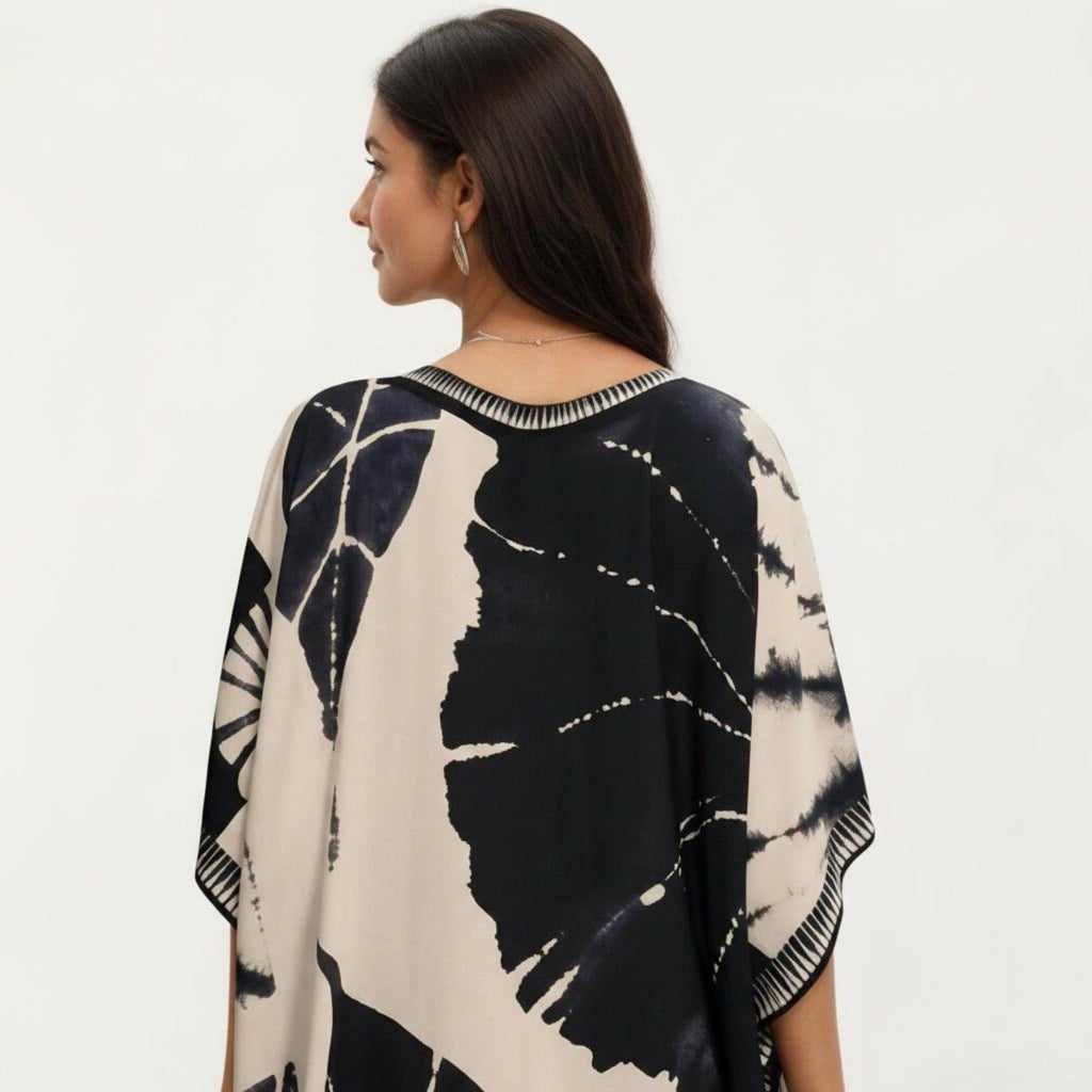 Anna-Kaci Women's Abstract Print Maxi Caftan Dress with V-Neckline Short Sleeves and Relaxed Draped Silhouette