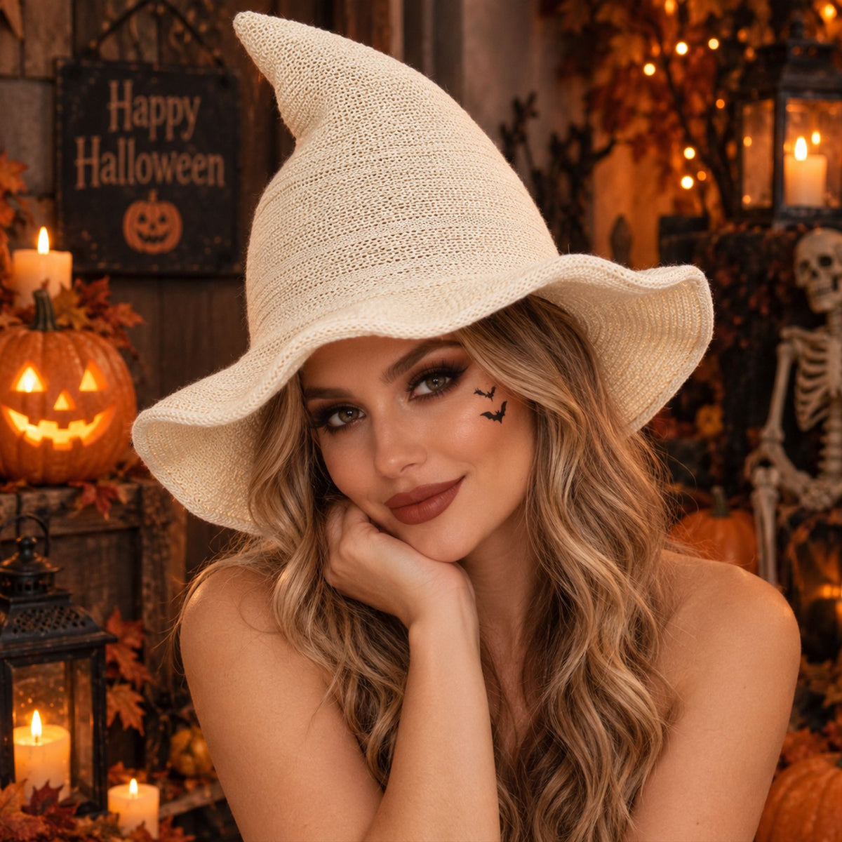 Pointed Knit Witch Hat with Wide Floppy Brim for Halloween