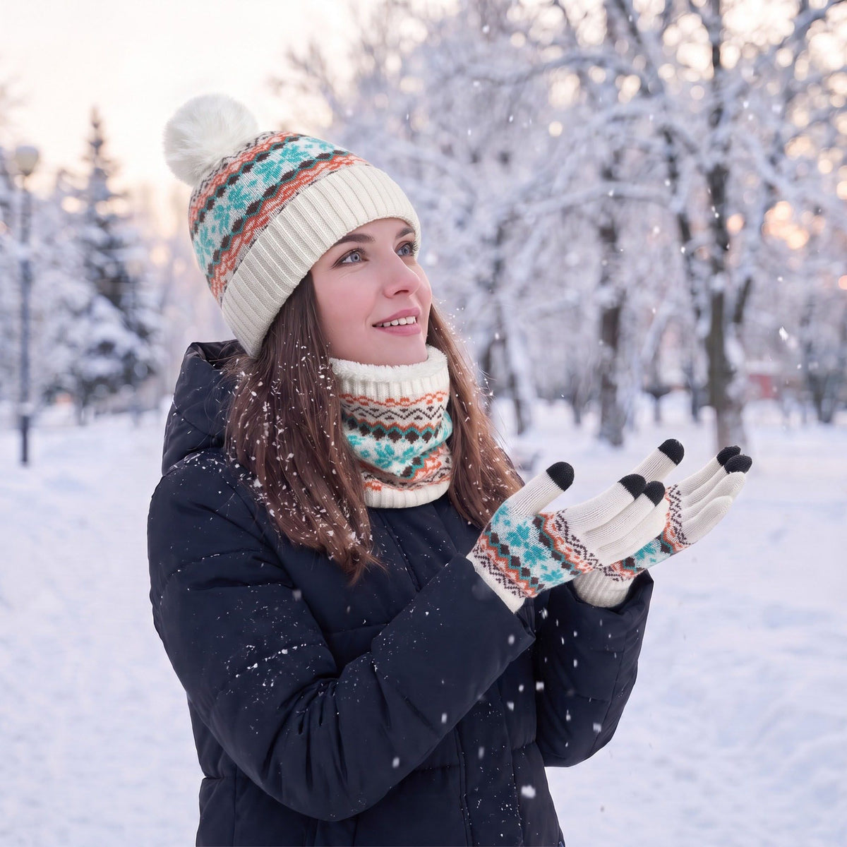 3 Piece Fair Isle Pom Beanie Neck Warmer and Gloves Set