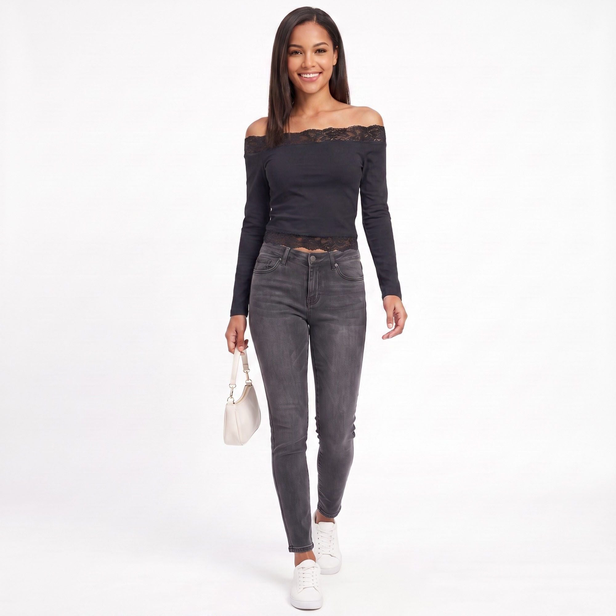 Off-the-Shoulder Lace Trim Long Sleeve Crop Top