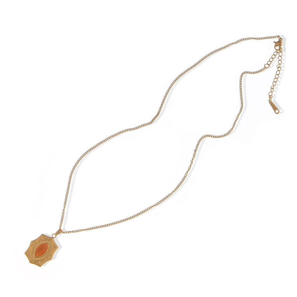 Women's Stainless Steel Fashion Necklace with 18K Gold Plated Pendant, Orange Acrylic Stone Inlay, Adjustable Chain, Unique Design