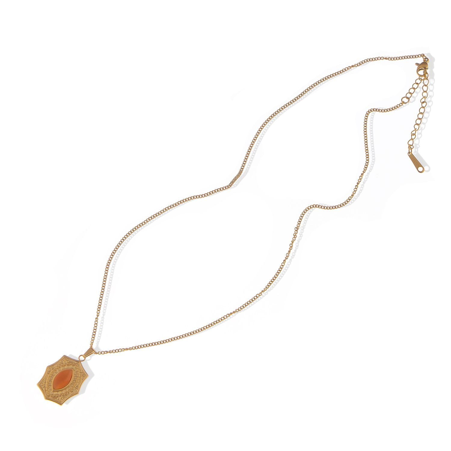 Women's Stainless Steel Fashion Necklace with 18K Gold Plated Pendant, Orange Acrylic Stone Inlay, Adjustable Chain, Unique Design