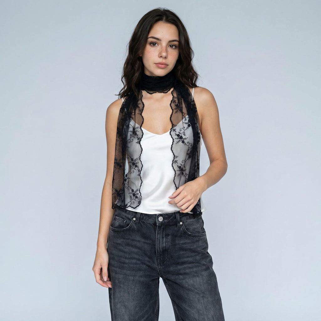 Sheer Embroidered Skinny Scarf with Floral Lace Trim and Long Neck Tie Design