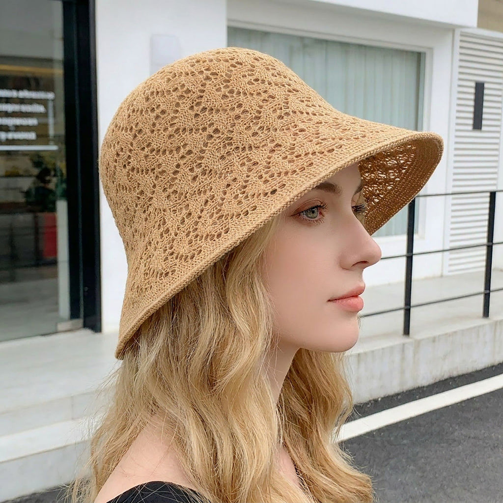 Crochet Bucket Sun Hat with Open Weave Texture and Flexible Brim Design