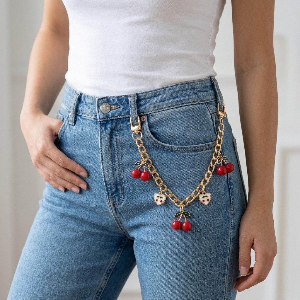 Cherry Charm Decorative Bag Chain with Double Clasps and Gold-Tone Hardware