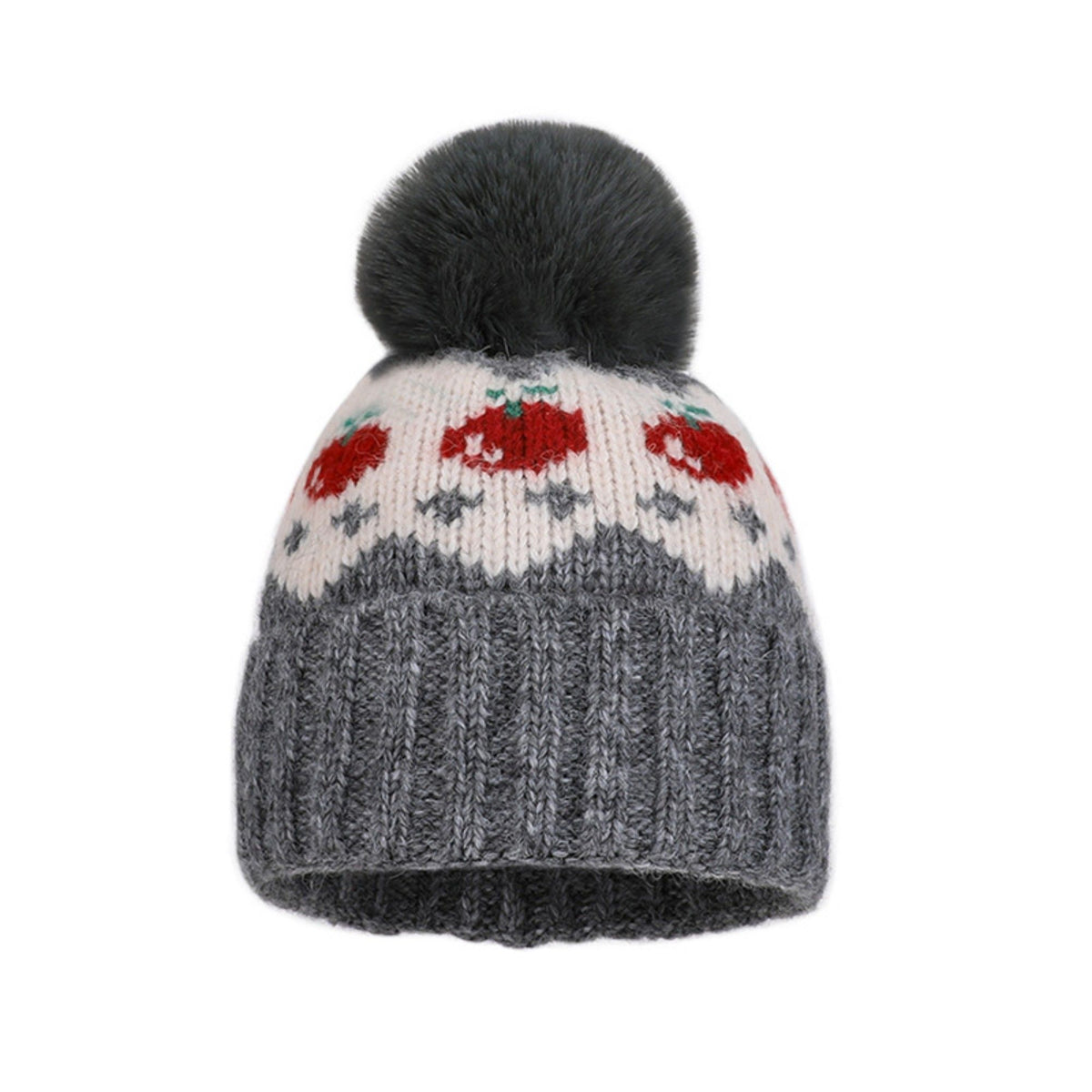 Fair Isle Pom Pom Knit Beanie with Ribbed Cuff Winter Hat