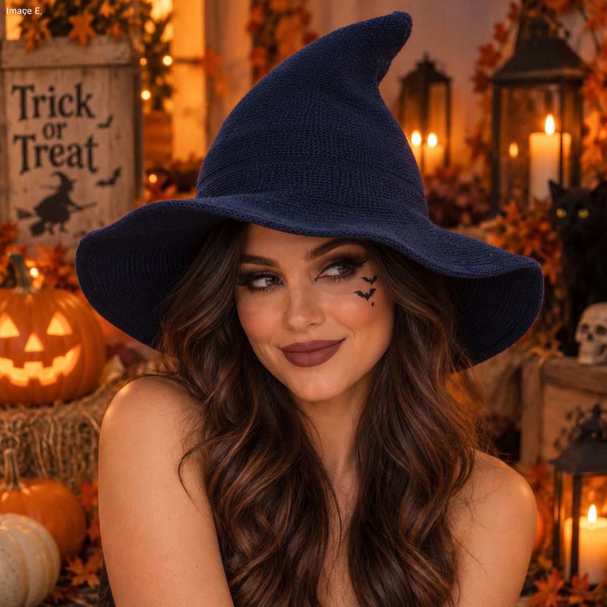 Pointed Knit Witch Hat with Wide Floppy Brim for Halloween