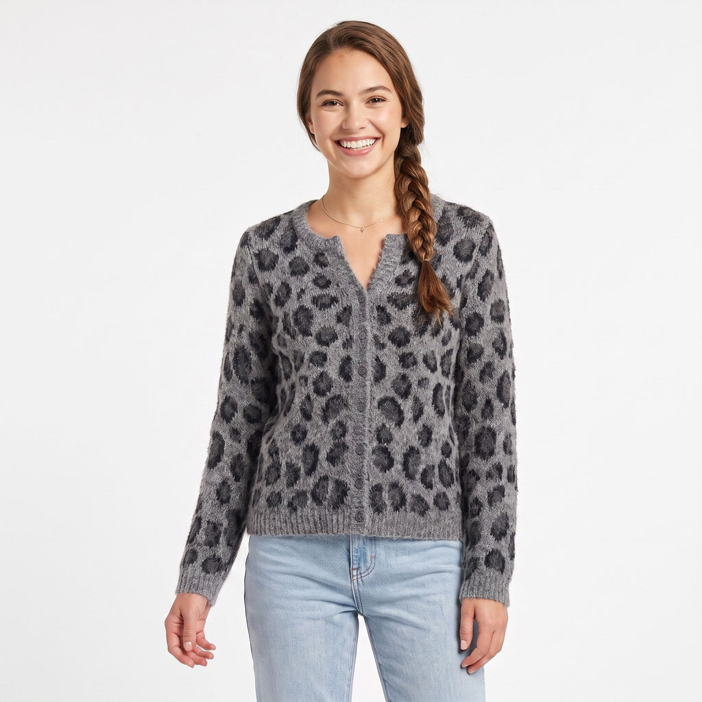 Fuzzy Leopard Print Button Front Cardigan Sweater