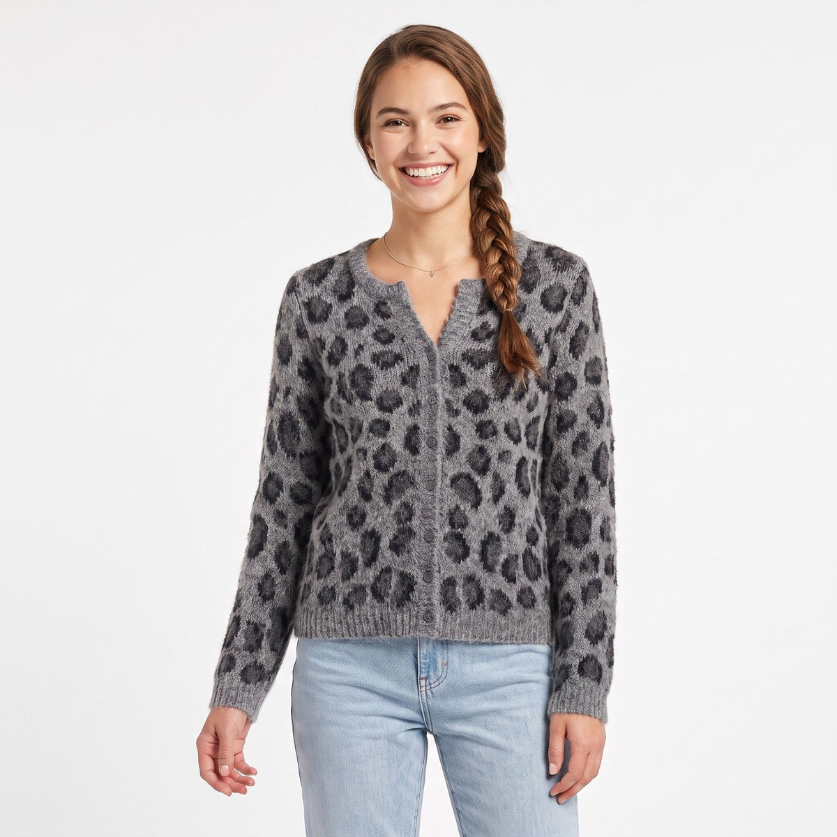 Fuzzy Leopard Print Button Front Cardigan Sweater