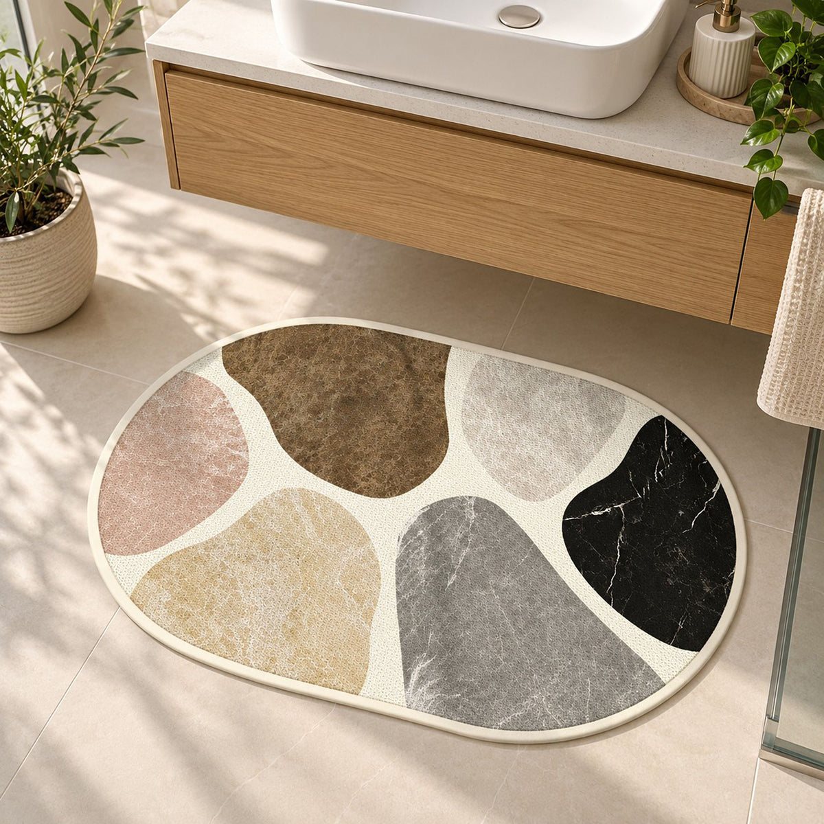 Oval Absorbent Bath Mat with Abstract Stone Print