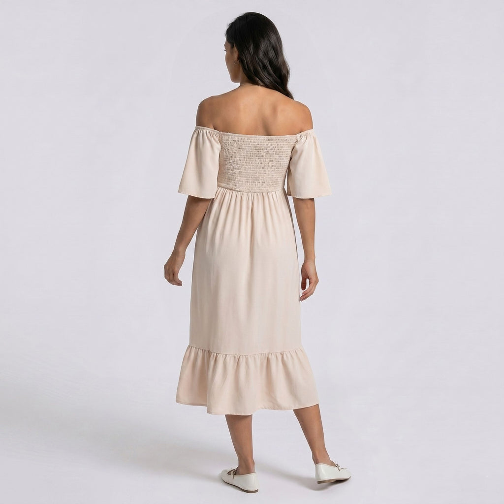Maternity Off Shoulder Smocked Maxi Dress with Short Sleeves and Flowy Skirt
