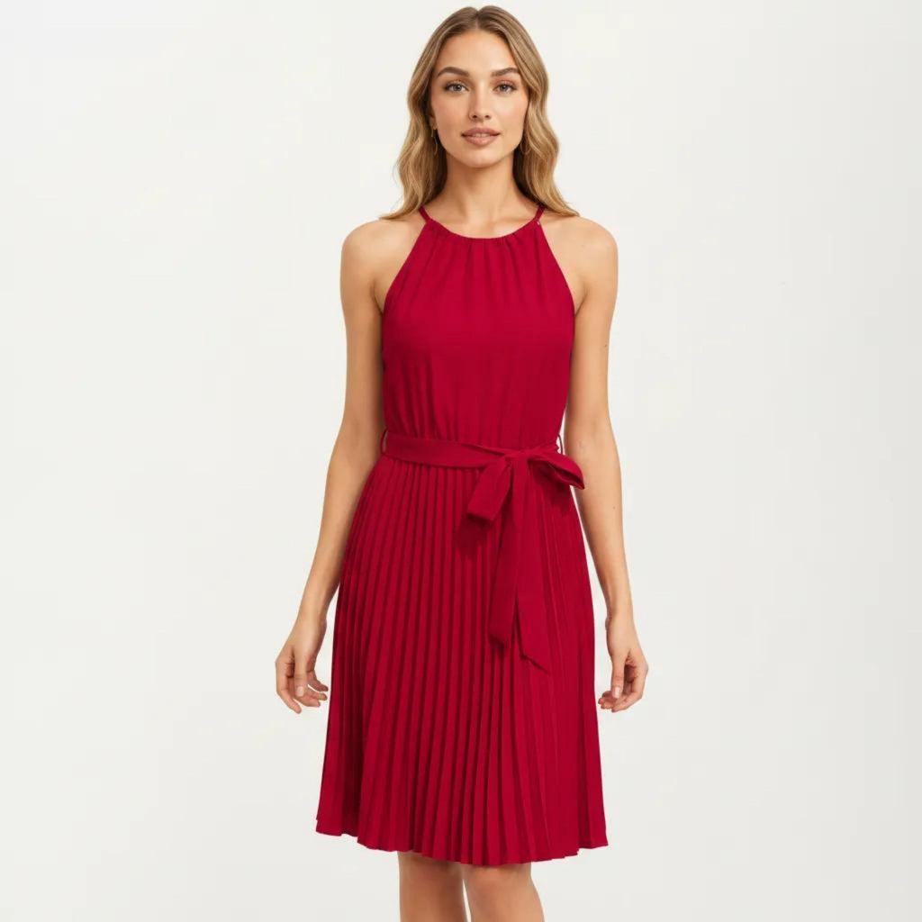 Anna-Kaci Women's Sleeveless Halter Midi Dress with Pleated Skirt and Waist Tie