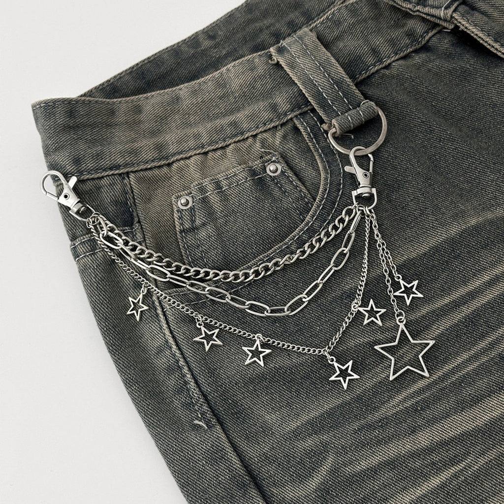 Star Chain Bag Charm with Layered Silver Tone Chains Clips and Hanging Star Pendants