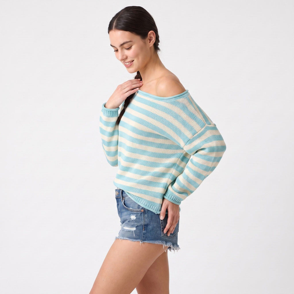 Striped Boat Neck Drop Shoulder Long Sleeve Knit Sweater
