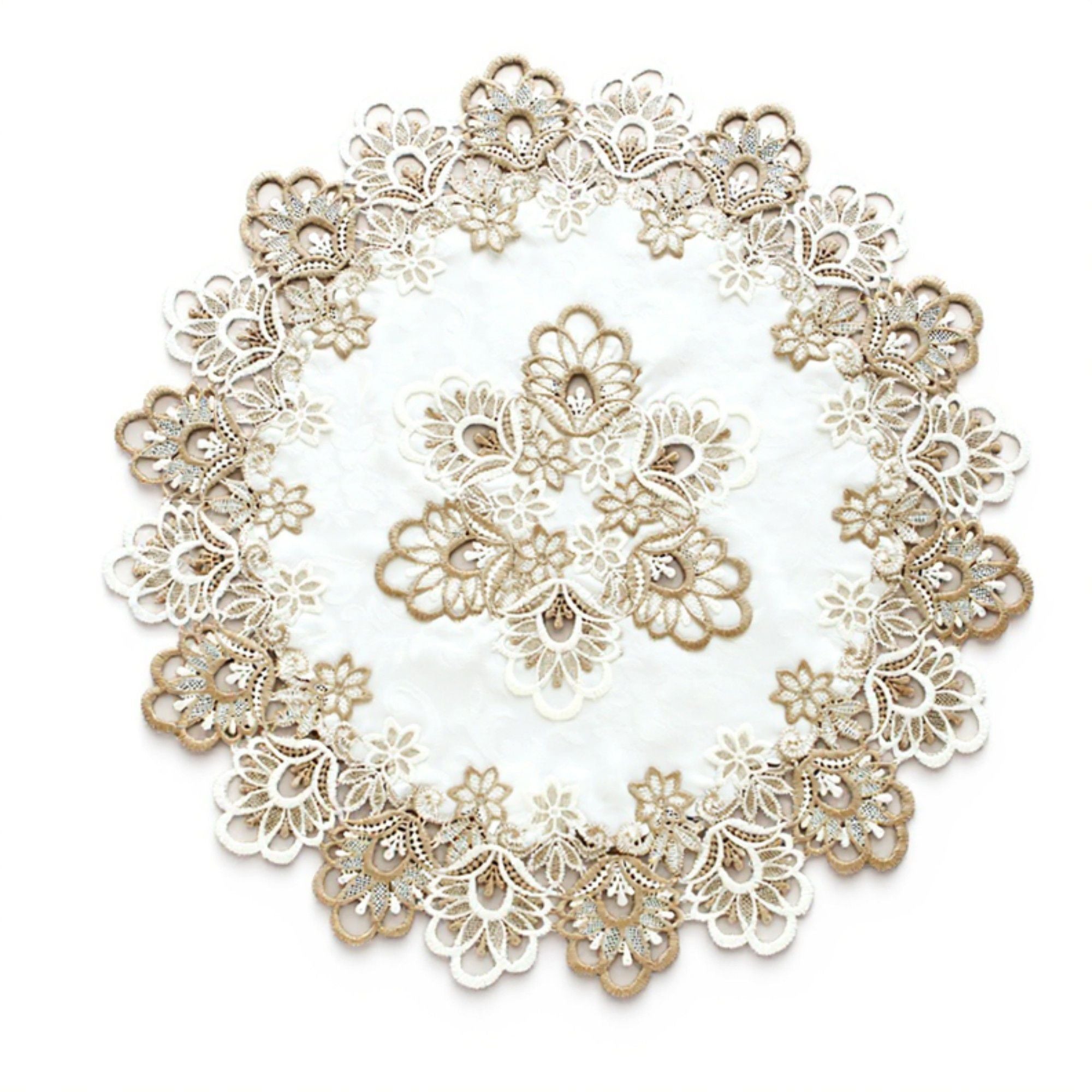 Round Embroidered Lace Doily with Floral Cutwork and Scalloped Edges 23.5in