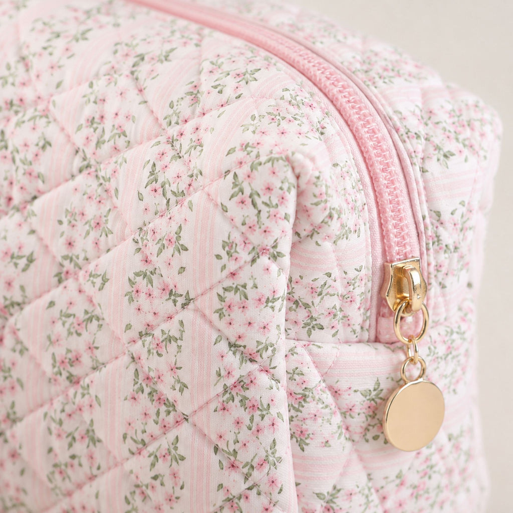 Floral Quilted Makeup Bag Travel Cosmetic Toiletry Pouch with Zipper Closure