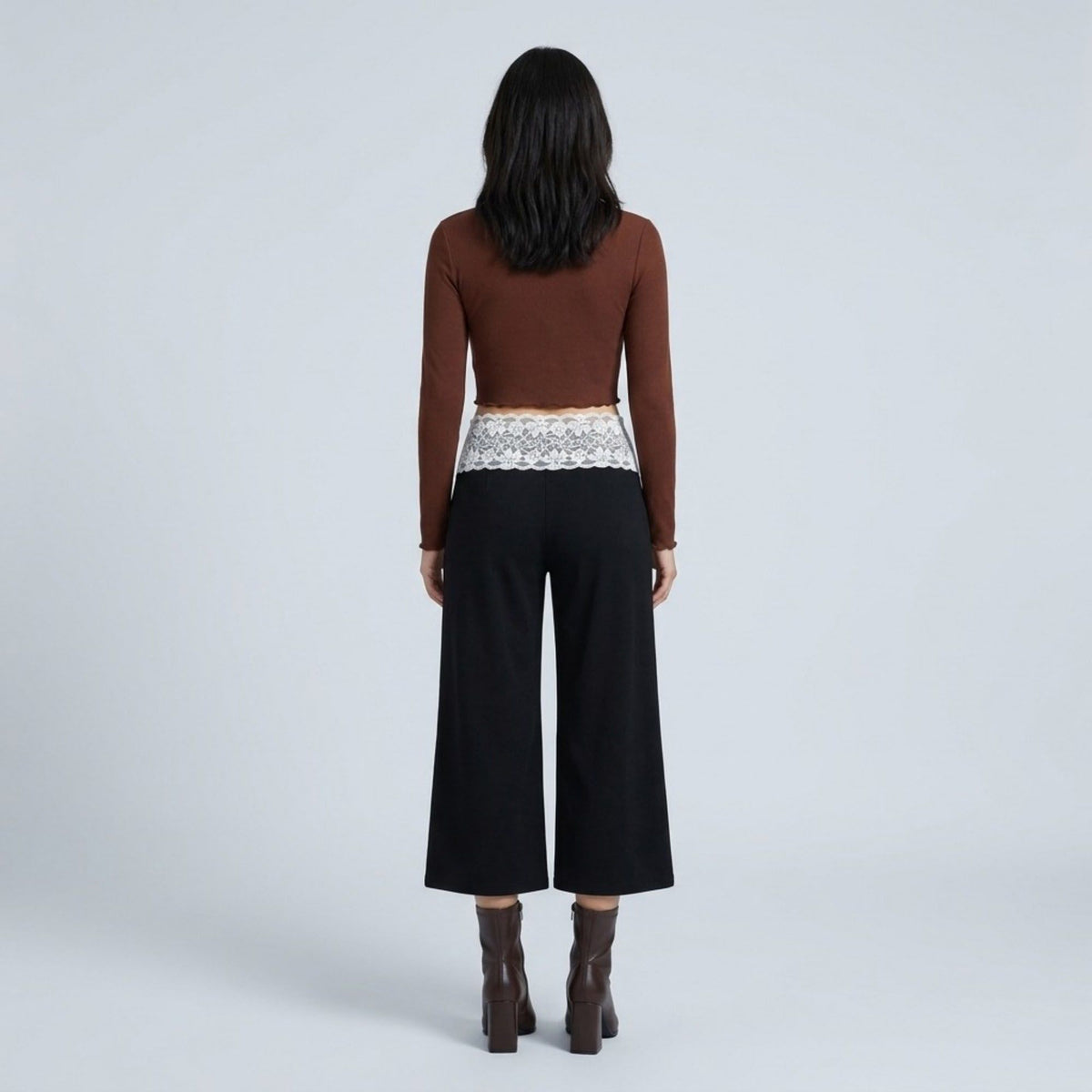 Lace Contrast Waistband Cropped Wide-Leg Trousers