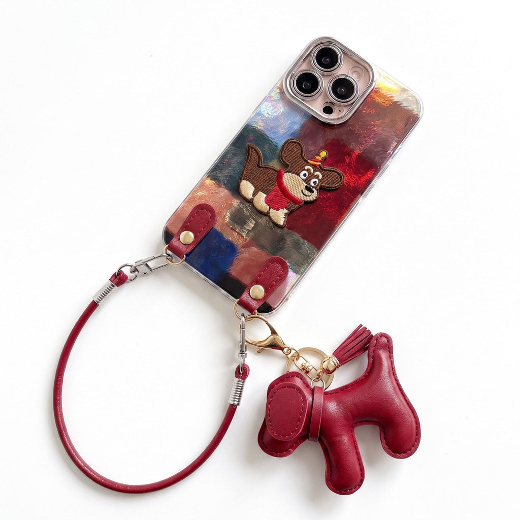 Dog Patch Phone Case Wrist Strap Set Puppy Charm Tassel Decorative Cover