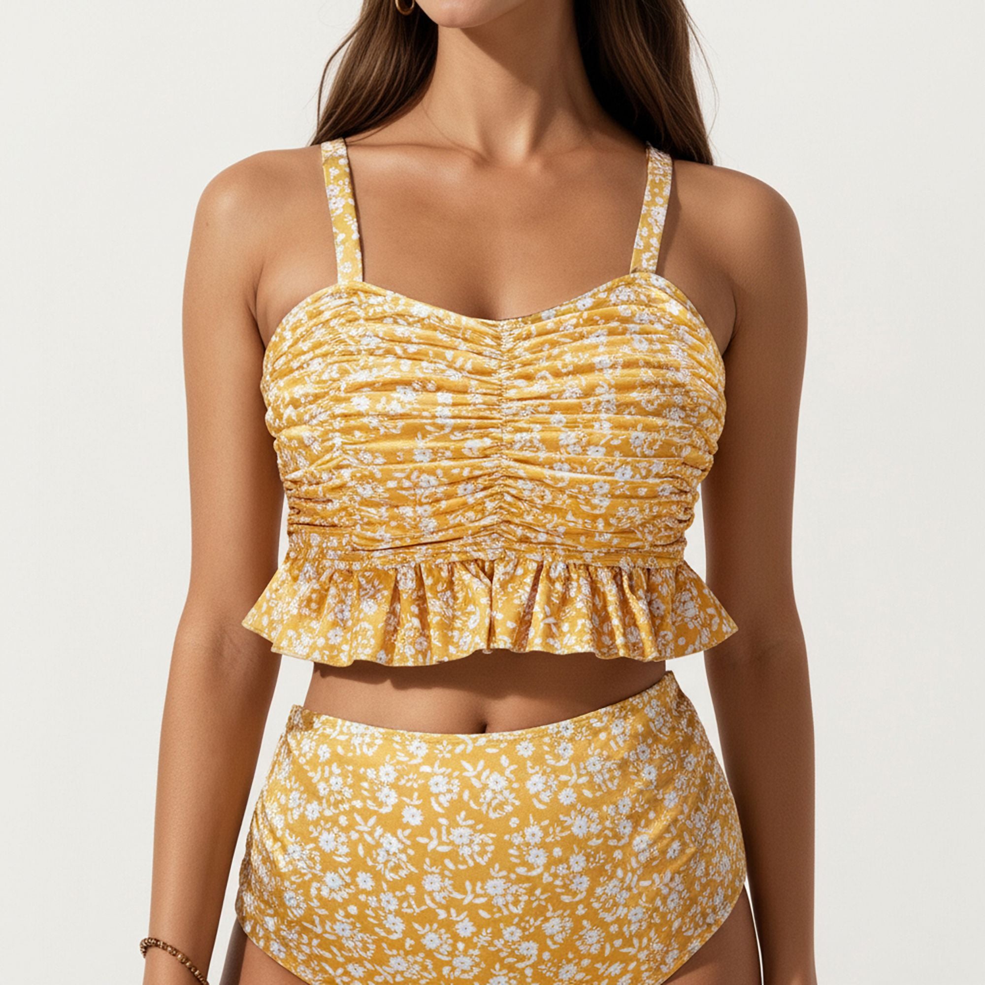 Anna-Kaci Swim Women's Floral Print Ruffled Maternity Bikini Set with High-Waisted Bottoms