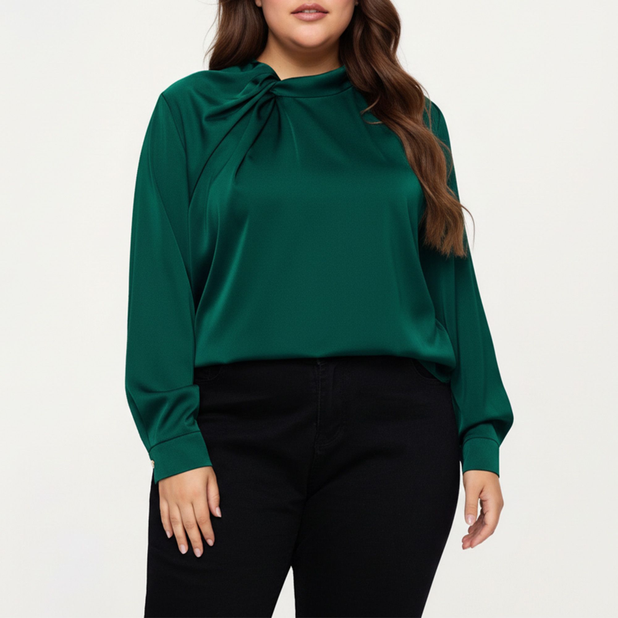 Anna-Kaci Women's Plus Size Long Sleeve Blouse with Tie Neck Detail Relaxed Fit Silky Smooth Fabric