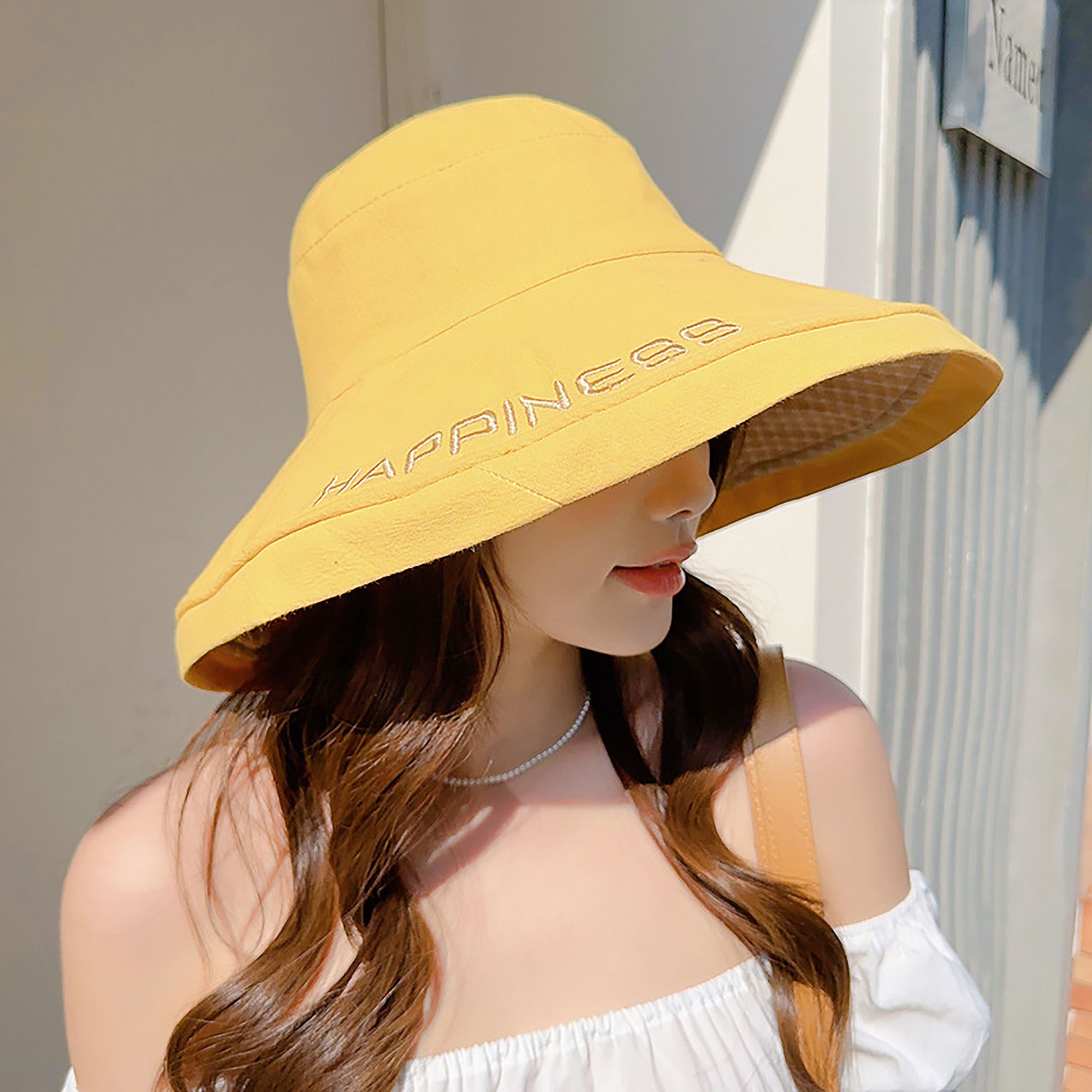 Anna-Kaci Women's HAPPINESS Embroidered Wide - Brim Bucket Hat